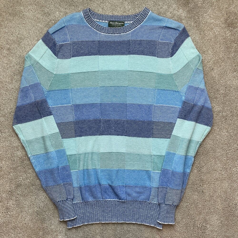 Norm Thompson Sweater Mens Medium Textured 3D Knit Square Stripes Lightweight